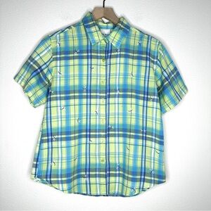 Vintage Bobbie Brooks Sz M 100% Cotton Dragonfly Button Up Green/Blue Plaid